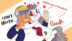 Size: 3840x2160 | Tagged: safe, artist:cocaine, imported from derpibooru, oc, oc:corona bleach, earth pony, human, pony, american politics, clothes, comments locked down, coronavirus, covid-19, current events, donald trump, duo, eyes on the prize, hug, illness, karma, op is a duck, political cartoon, politics, president, smiley face, smiling, suit, text