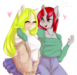 Size: 3085x3000 | Tagged: safe, artist:helemaranth, artist:yukomaussi, imported from derpibooru, oc, oc only, oc:lemony light, anthro, pegasus, unicorn, blushing, clothes, cute, duo, eye clipping through hair, eyebrows, eyebrows visible through hair, eyelashes, eyes closed, female, heart, horn, jacket, lesbian, mare, oc x oc, off shoulder, open mouth, shipping, side hug, simple background, skirt, smiling, unicorn oc, white background