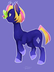 Size: 768x1024 | Tagged: safe, artist:helemaranth, imported from derpibooru, oc, oc only, bicorn, butterfly, pony, blue background, colored hooves, horn, multiple horns, raised hoof, simple background