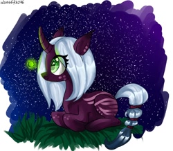 Size: 1000x870 | Tagged: safe, artist:helemaranth, imported from derpibooru, oc, oc only, firefly (insect), insect, pony, unicorn, eyelashes, horn, lying down, night, outdoors, prone, smiling, stars, unicorn oc