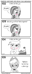 Size: 1320x3035 | Tagged: safe, artist:pony-berserker, imported from derpibooru, applejack, gilda, marble pie, earth pony, griffon, pony, behaving like a bird, blushing, cute, female, gilda is not amused, gildadorable, gildere, glass eye, halftone, hat, implied lesbian, marblebetes, monochrome, neo noir, partial color, pony-berserker's twitter sketches, puffy cheeks, scar, shy, simple background, sketch, smiling, solo, speech bubble, stippling, talking to viewer, tsundere, unamused, white background