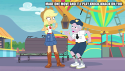 Size: 889x500 | Tagged: safe, artist:thor-disciple, edit, edited screencap, imported from derpibooru, screencap, applejack, stanley excelsior, human, equestria girls, equestria girls series, rollercoaster of friendship, applejack's hat, boots, clothes, cowboy boots, cowboy hat, denim skirt, geode of super strength, hat, magical geodes, shoes, skirt, song reference