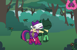 Size: 1024x674 | Tagged: safe, artist:author92, edit, editor:twilightfan2, imported from derpibooru, fluttershy, twilight sparkle, alicorn, pony, blindfold, bondage, bound wings, brightly colored ninjas, cloth gag, colourful ninjas, eyeholess mask, forest, gag, help us, kunoichi, magic suppression, twilight sparkle (alicorn), wing hands, wings