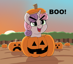 Size: 1124x994 | Tagged: safe, artist:heretichesh, edit, imported from derpibooru, sweetie belle, pony, unicorn, >:d, autumn, boo, bush, cute, diasweetes, female, field, filly, forest, happy, hnnng, open mouth, ponies in food, pumpkin, pumpkin patch, smiling, smoltober, solo, soon, sunset, tree, weapons-grade cute