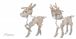 Size: 2424x1249 | Tagged: safe, artist:cindertale, artist:quill-name, imported from derpibooru, oc, oc only, oc:petra, deer, antlers, deer oc, duo, female, raised hoof, simple background, smug, solo, solo female, traditional art, white background