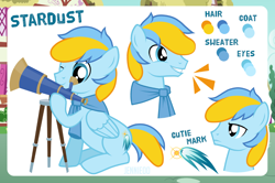Size: 1200x798 | Tagged: safe, artist:jennieoo, imported from derpibooru, oc, oc only, oc:stardust, pegasus, pony, colt, happy, male, reference, reference sheet, show accurate, smiling, solo, telescope, vector