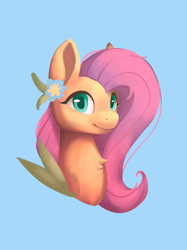 Size: 1024x1366 | Tagged: safe, artist:kusoazi, imported from derpibooru, fluttershy, pegasus, pony, blue background, bust, chest fluff, female, flower, flower in ear, flower on ear, looking at you, mare, portrait, simple background, smiling, solo, three quarter view, wings