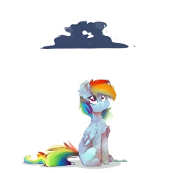 Size: 1080x1080 | Tagged: safe, artist:colorbrush, artist:colorochka, imported from derpibooru, rainbow dash, pegasus, pony, cheek fluff, chest fluff, cloud, ear fluff, female, folded wings, looking at something, looking up, mare, neck fluff, raincloud, sad, simple background, sitting, solo, white background, wing fluff, wings