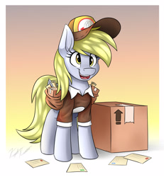 Size: 2500x2700 | Tagged: safe, artist:kaylerustone, imported from derpibooru, derpy hooves, pegasus, pony, bag, box, cardboard box, female, high res, letter, mailmare, mailpony uniform, mare, open mouth, package, saddle bag, scroll, solo