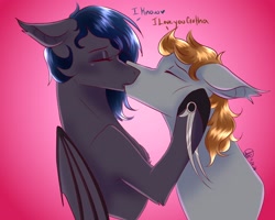 Size: 2048x1638 | Tagged: source needed, safe, artist:allianathedoe, imported from derpibooru, oc, oc only, oc:devin, oc:gotha, bat pony, eyes closed, female, gradient background, kissing, male, oc x oc, shipping, straight