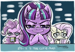 Size: 2016x1410 | Tagged: safe, artist:babtyu, imported from derpibooru, fluttershy, pinkie pie, starlight glimmer, earth pony, pegasus, pony, unicorn, the cutie map, book, egalitarianism, evil grin, female, grin, hooves together, looking at you, mare, mouth hold, s5 starlight, smiling, sweat, wavy mouth