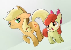 Size: 1457x1032 | Tagged: safe, artist:mochi_nation, imported from derpibooru, apple bloom, applejack, earth pony, pony, adorabloom, apple sisters, cute, duo, female, filly, floppy ears, jackabetes, mare, open mouth, palindrome get, siblings, sisters, smiling