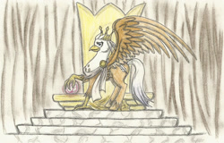 Size: 2492x1598 | Tagged: safe, artist:cindertale, artist:quill-name, imported from derpibooru, oc, oc only, oc:silver quill, hippogriff, classical hippogriff oc, crown, hippogriff oc, jewelry, king, large wings, male, regalia, smiling, solo, solo male, spread wings, talons, throne, traditional art, wings