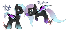 Size: 3666x1636 | Tagged: safe, artist:nightfoxgangsters, imported from derpibooru, oc, oc only, oc:day dream, oc:midnight dream, bat pony, angry, bat pony oc, bat wings, discussion, flying, simple background, transparent background, wings