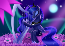 Size: 3500x2500 | Tagged: safe, artist:leonkay, imported from derpibooru, princess luna, alicorn, pony, cute, dreamscape, eyes closed, female, flower, full moon, harp, hoof hands, leonkay is trying to murder us, lunabetes, mare, moon, musical instrument, night, playing, signature, sitting, smiling, solo, stars, weapons-grade cute