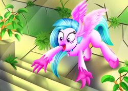 Size: 3500x2500 | Tagged: safe, artist:leonkay, imported from derpibooru, silverstream, hippogriff, cute, diastreamies, excited, female, scene interpretation, solo, stairs, that hippogriff sure does love stairs