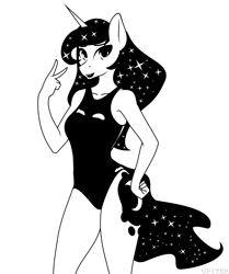 Size: 2000x2392 | Tagged: safe, artist:up1ter, imported from derpibooru, princess luna, anthro, human, black and white, clothes, female, grayscale, humanized, monochrome, one-piece swimsuit, solo, swimsuit, wingless, wingless anthro