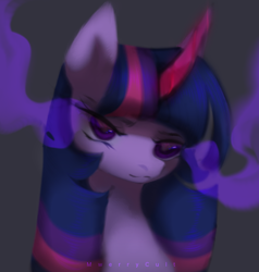 Size: 506x531 | Tagged: safe, artist:mwerrycult, imported from derpibooru, twilight sparkle, pony, bust, colored horn, curved horn, female, glowing horn, horn, mare, portrait, possessed, signature, solo, sombra eyes, sombra horn