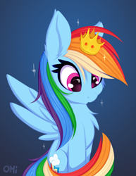 Size: 1146x1482 | Tagged: safe, artist:omi, imported from derpibooru, rainbow dash, pegasus, pony, backwards cutie mark, cheek fluff, chest fluff, crown, cute, dashabetes, ear fluff, eyelashes, female, jewelry, mare, princess dash, princess rainbow dash, regalia, signature, sitting, solo, sparkles, spread wings, tail, wings