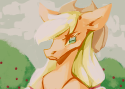 Size: 1400x1000 | Tagged: safe, artist:mwerrycult, imported from derpibooru, applejack, earth pony, pony, apple, apple tree, applejack's hat, bust, cloud, cowboy hat, digital painting, female, food, frown, hat, hoers, mare, portrait, sky, solo, tree