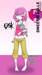 Size: 984x1744 | Tagged: safe, artist:oldskullkid, imported from derpibooru, spike, sweetie belle, dragon, human, equestria girls, barefoot, camisole, clothes, feet, female, humanized, pajamas, plushie, solo