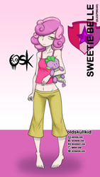 Size: 984x1744 | Tagged: safe, alternate version, artist:oldskullkid, imported from derpibooru, spike, sweetie belle, dragon, human, equestria girls, barefoot, camisole, clothes, feet, female, humanized, pajamas, plushie, solo