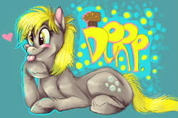 Size: 1197x798 | Tagged: safe, artist:ablebodiedcitizen, imported from derpibooru, derpy hooves, pony, :p, blue background, blushing, cute, derp, derpabetes, female, heart, hoof under chin, mare, simple background, solo, text, tongue out, wingless
