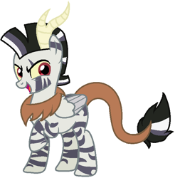 Size: 614x625 | Tagged: safe, artist:joystick12, imported from derpibooru, oc, oc only, oc:chaos, draconequus, hybrid, pegasus, zebra, draconequus oc, folded wings, horn, interspecies offspring, leonine tail, looking at you, male, offspring, one hoof raised, open mouth, parent:discord, parent:zecora, parents:zecord, raised hoof, simple background, smiling, solo, solo male, white background, wings