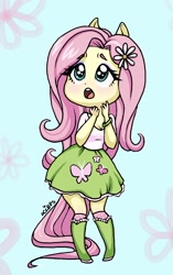 Size: 1046x1667 | Tagged: safe, artist:ameliacostanza, imported from derpibooru, fluttershy, equestria girls, blushing, breasts, busty fluttershy, chibi, cleavage, cute, eyeshadow, makeup, open mouth, ponied up, shyabetes, solo