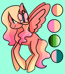 Size: 1600x1800 | Tagged: safe, artist:unikitty66, imported from derpibooru, oc, oc only, butterfly, pegasus, pony, blank flank, color palette, female, gradient hooves, gradient mane, green background, hair ornament, offspring, parent:big macintosh, parent:fluttershy, parents:fluttermac, pegasus oc, simple background, solo, wings