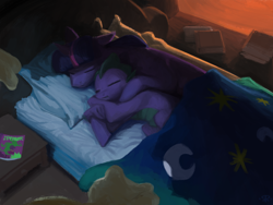 Size: 3200x2400 | Tagged: safe, artist:redruin01, imported from derpibooru, spike, twilight sparkle, pony, unicorn, bed, bedroom, book, comfy, cute, duo, female, library, male, mama twilight, mare, moonlight, power ponies comic, sleeping, spikabetes, spikelove, twiabetes, unicorn twilight