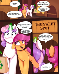 Size: 1600x2000 | Tagged: safe, artist:ritter, scootaloo, sweetie belle, pegasus, pony, unicorn, comic:the sweet spot, comic, dialogue, female, offscreen character, open mouth, pov, smiling