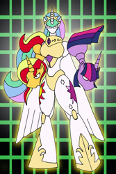 Size: 633x950 | Tagged: safe, artist:combatkaiser, princess celestia, sunset shimmer, twilight sparkle, alicorn, human, pony, unicorn, crossover, digimon, fusion, omnimon, twilight sparkle (alicorn)