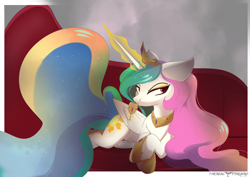 Size: 2481x1754 | Tagged: safe, artist:therealf1rebird, princess celestia, alicorn, pony, alcohol, bed, female, horn, magic, mare, solo, telekinesis, wine, wings