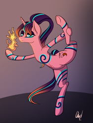 Size: 900x1200 | Tagged: safe, alternate version, artist:plaguemare, imported from derpibooru, oc, oc only, oc:pyro mane, pony, unicorn, blue eyes, body markings, bodypaint, burn marks, contortion, dancing, eyeliner, female, fire, makeup, mare, performer, pink coat, ponytail, purple mane, purple tail, pyro, pyromancy, raised leg, simple background, solo, splits, yoga, yoga pose