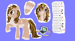 Size: 3324x1803 | Tagged: safe, artist:twin-fan, imported from derpibooru, oc, oc only, alicorn, pony, alicorn oc, blue background, bust, computer, ear piercing, female, horn, laptop computer, mare, piercing, raised hoof, reference sheet, simple background, unshorn fetlocks, wings