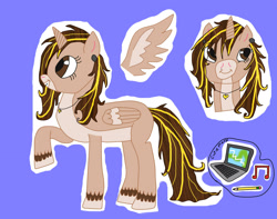 Size: 2440x1920 | Tagged: safe, alternate version, artist:twin-fan, imported from derpibooru, oc, oc only, alicorn, pony, alicorn oc, blue background, bust, computer, ear piercing, female, horn, laptop computer, mare, piercing, raised hoof, reference sheet, simple background, unshorn fetlocks, wings