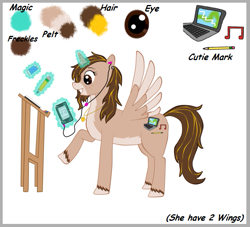 Size: 649x589 | Tagged: safe, artist:twin-fan, imported from derpibooru, oc, oc only, alicorn, pony, alicorn oc, computer, ear piercing, earbuds, female, freckles, glowing horn, grin, grn, horn, laptop computer, magic, mare, music player, piercing, raised hoof, reference sheet, simple background, smiling, solo, telekinesis, unshorn fetlocks, white background, wings