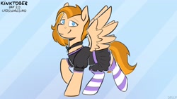 Size: 3840x2160 | Tagged: safe, artist:jellysiek, artist:jellysketch, imported from derpibooru, oc, oc only, pegasus, pony, clothes, crossdressing, dress, kinktober2020, simple background, smiling, socks, spread wings, striped socks, wings