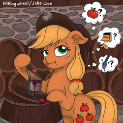 Size: 1512x1512 | Tagged: safe, artist:docwario, artist:mkogwheel, imported from derpibooru, applejack, earth pony, pony, applejack's hat, barrel, collaboration, cowboy hat, female, freckles, hat, hind legs, hoof hold, jacktober, ladle, legs together, mare, solo, thinking, thought bubble, tongue out