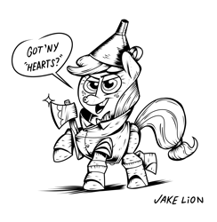 Size: 2250x2310 | Tagged: safe, artist:docwario, imported from derpibooru, applejack, pony, axe, black and white, clothes, costume, crossover, grayscale, jacktober, lineart, monochrome, simple background, the wizard of oz, tin man, weapon, white background