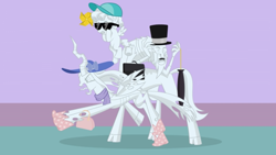 Size: 1366x768 | Tagged: safe, artist:forgalorga, imported from derpibooru, cozy glow, lord tirek, queen chrysalis, centaur, changeling, changeling queen, pegasus, pony, the ending of the end, baseball cap, boots, cap, clothes, fashion, female, filly, hat, it came from youtube, legion of doom statue, male, petrification, pinwheel (toy), purse, scarf, shoes, sun hat, sunglasses, top hat, trio, two retired princesses, umbrella, youtube link