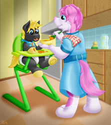 Size: 2131x2400 | Tagged: safe, artist:wittleskaj, imported from derpibooru, oc, oc:sunmane, anthro, collie, dog, pony, unicorn, baby, baby pony, babysitting, bib, border collie, bottle, chair, cloth diaper, colt, diaper, feeding, foal, frog (hoof), furry, furry oc, highchair, kitchen, male, underhoof