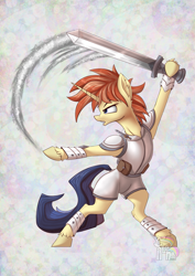 Size: 1169x1654 | Tagged: safe, artist:calena, imported from derpibooru, oc, oc only, pony, unicorn, armor, bag, commission, ear fluff, holding, saddle bag, simple background, solo, sword, weapon, ych result