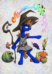 Size: 1169x1654 | Tagged: safe, artist:calena, imported from derpibooru, oc, oc only, pony, unicorn, apple, banana, chaos, clothes, command and conquer, commission, food, fruit, grapes, hat, magician, magician outfit, necromancy, pear, potion, pumpkin, simple background, solo, staff, watermelon, ych result