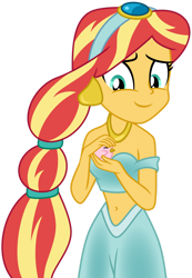 Size: 1024x1477 | Tagged: safe, artist:emeraldblast63, imported from derpibooru, sunset shimmer, bird, equestria girls, aladdin, bare shoulders, belly button, clothes, clothes swap, cosplay, costume, disney, disney princess, female, gloves, halloween, holiday, jasmine, motorcross, princess jasmine, simple background, transparent background