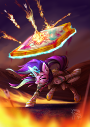 Size: 1403x1984 | Tagged: safe, artist:calena, imported from derpibooru, starlight glimmer, pony, unicorn, armor, armor skirt, arrow, battlefield, blood, clothes, commission, damaged, fire, gold, magic, pigtails, shield, shining resonance, skirt, solo, torn clothes, ych result