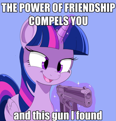 Size: 863x900 | Tagged: safe, artist:zebra10045, edit, imported from derpibooru, twilight sparkle, alicorn, pony, unicorn, and this gun i found, caption, cute, female, friendship, funny, glowing, glowing horn, gun, horn, image macro, magic, mane, mare, meme, purple, solo, telekinesis, text, the power of christ compels you, twilight sparkle (alicorn), weapon, wings