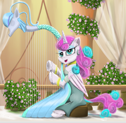 Size: 2500x2430 | Tagged: safe, artist:chopsticks, imported from derpibooru, princess flurry heart, alicorn, siren, bracelet, cheek fluff, chest fluff, clothes, dress, ear fluff, flower, harp, jewelry, little nemo, looking at you, musical instrument, necklace, older, older flurry heart, open mouth, regalia, scene interpretation, sitting, unshorn fetlocks