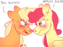 Size: 1024x768 | Tagged: safe, artist:valkiria, derpibooru exclusive, imported from derpibooru, applejack, strawberry sunrise, earth pony, pegasus, angry, female, females only, grammar error, looking at each other, mare, simple background, speech bubble, talking, vulgar, white background